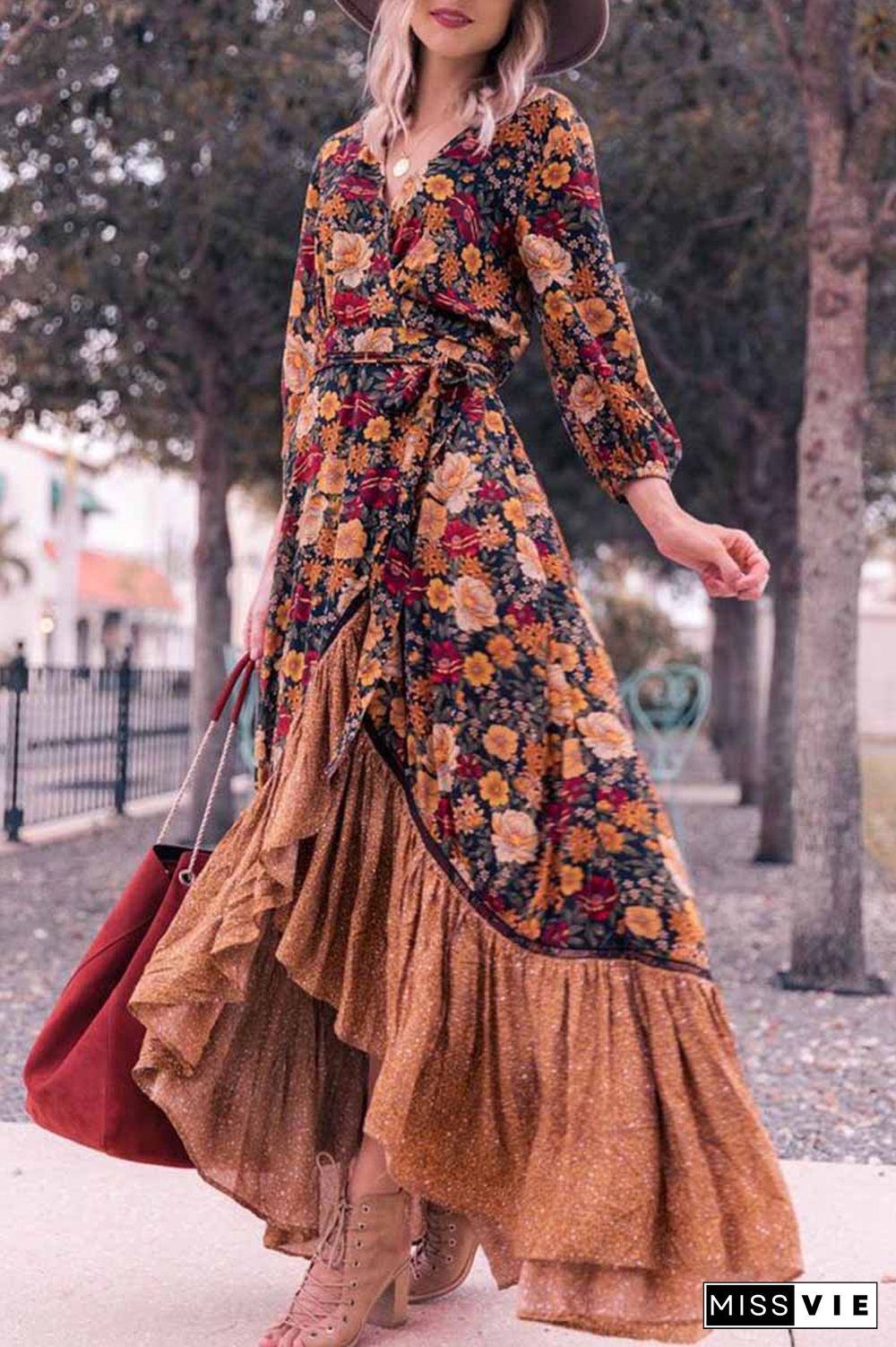 Long Sleeve Print Retro Long Maxi Dress