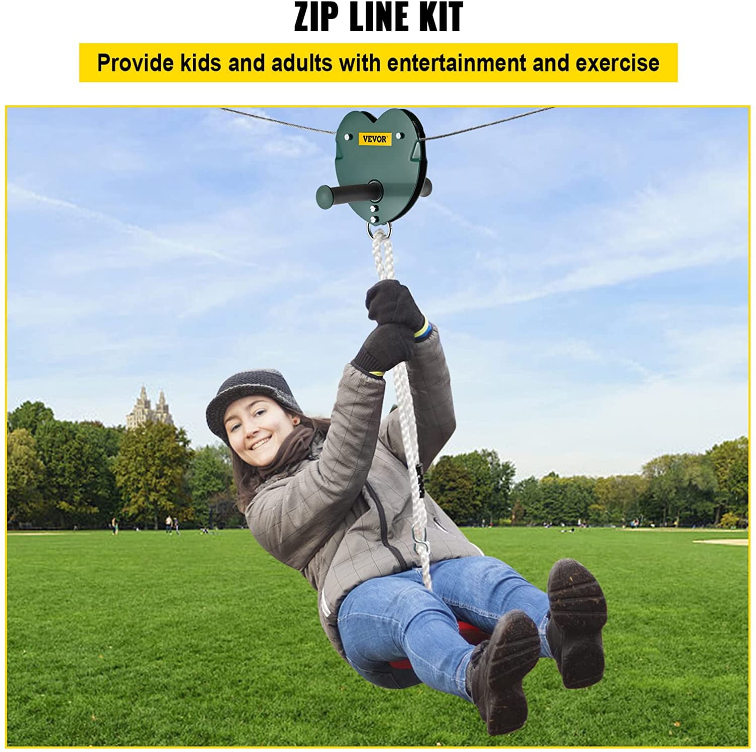 VEVORbrand 100ft Zip Line Kit Kids Adult Zip Line Trolley Slackers Zip Lines with Seat and Handle Heart Shaped Trolley for Backyard Entertainment