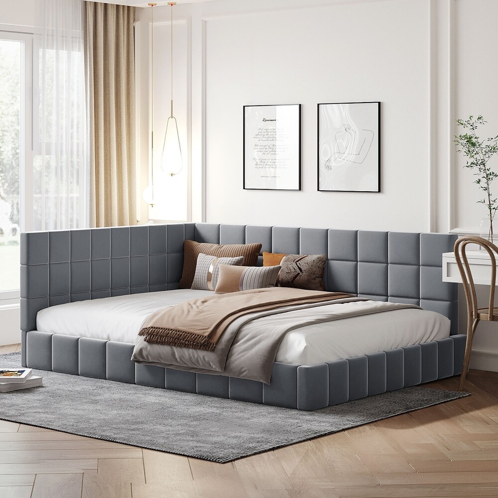 Full Size Upholstered Daybed with Backrest and 1 Unique Armrests  Mid Century Modern Sofa Bed Frame with Wood Slat Support