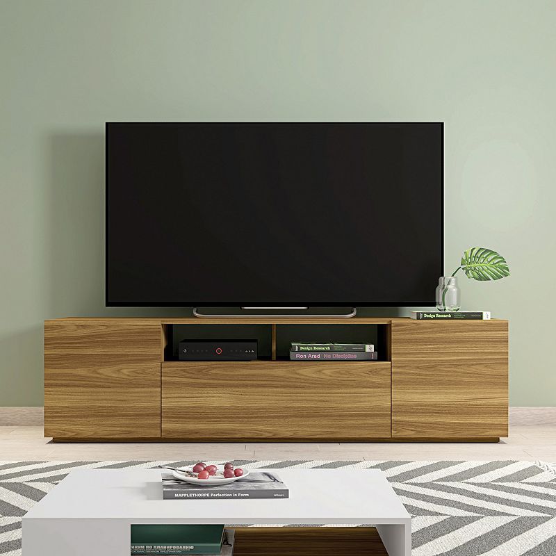 71 Inch Handcrafted Wood TV Media Entertainment Console， Wood Grain， 2 Cabinets， Single Shelf， Walnut Brown