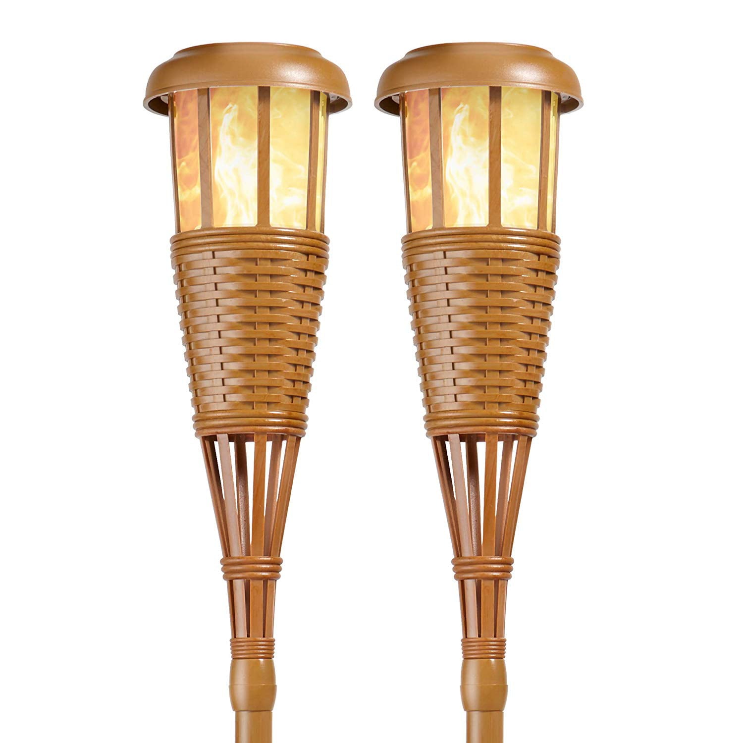 Solar Flickering LED Island Torches， Dusk-to-Dawn Dancing Flame Outdoor Landscape Lighting， Bamboo Finish， 2-Pack