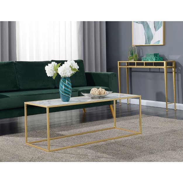 Gold Coast Faux Marble Rectangle Coffee Table White Faux Marble gold Frame Breighton Home