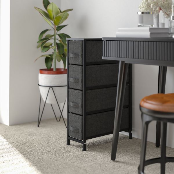 Harris 4 Drawer Slim Wood Top Black Cast Iron Frame Dresser Storage Tower with Dark Gray Easy Pull Fabric Drawers