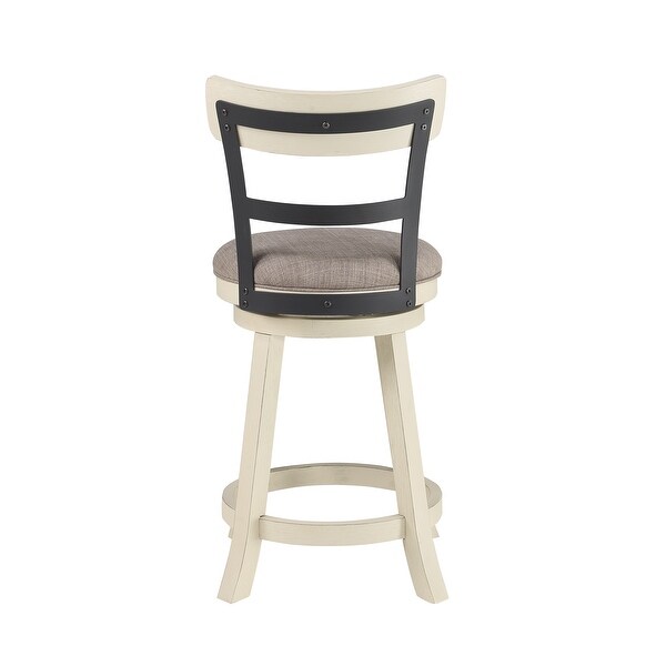 24 Inch Handcrafted 360 Degree Swivel Counter Stool， Curved Open Back， White Wood Frame， Cream Cushioned Seat