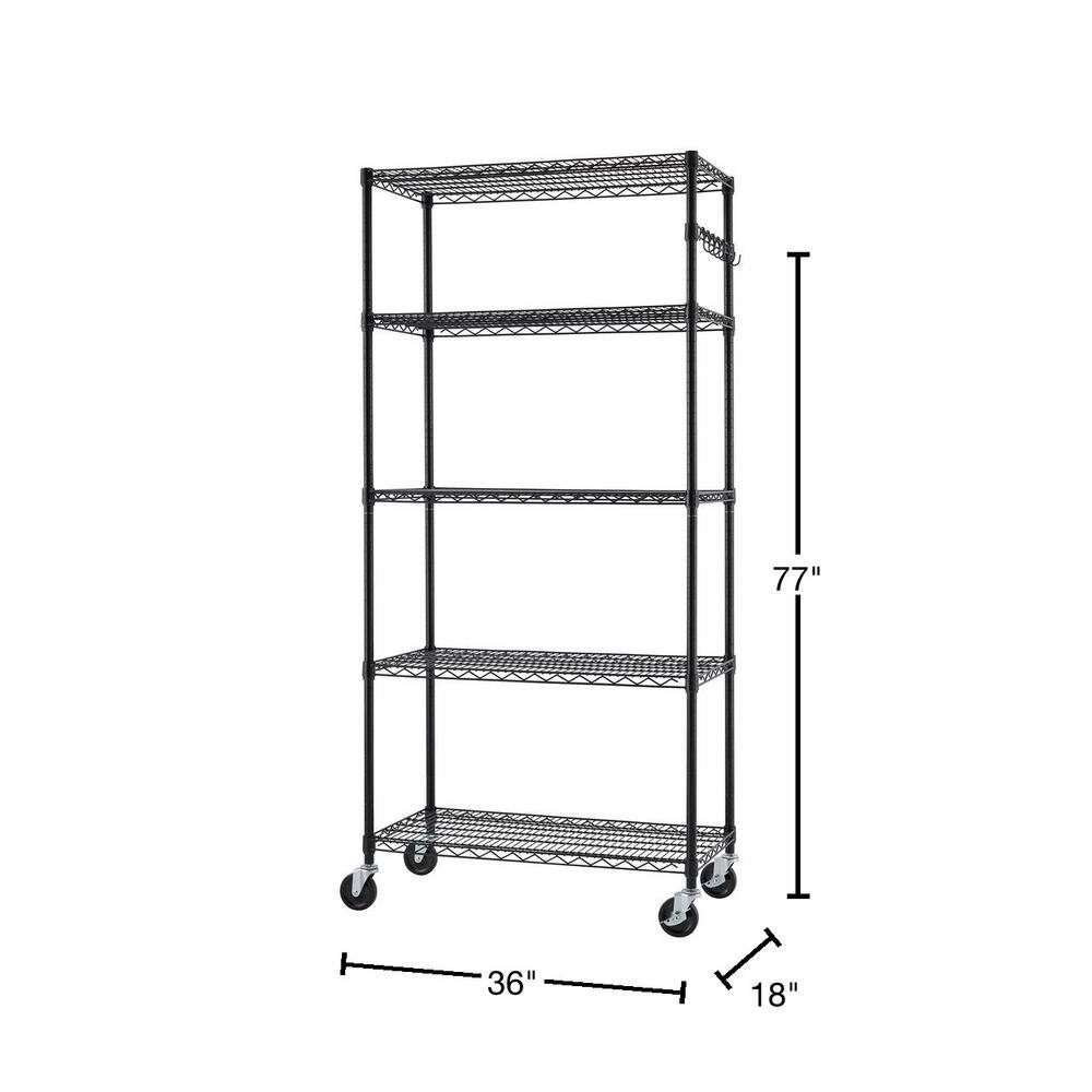 TRINITY Black 5-Tier Rolling Steel Wire Garage Storage Shelving Unit w Sidebar and Wheels ( 36 in. W x 77 in. H x 18 in. D ) TBFPBK-0906