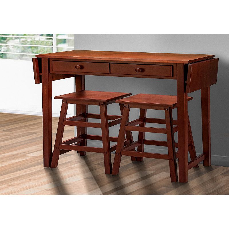 3 Piece Handcrafted Kitchen Island Breakfast Table Set， 2 Drawers， Rubberwood， Stools， Walnut Brown