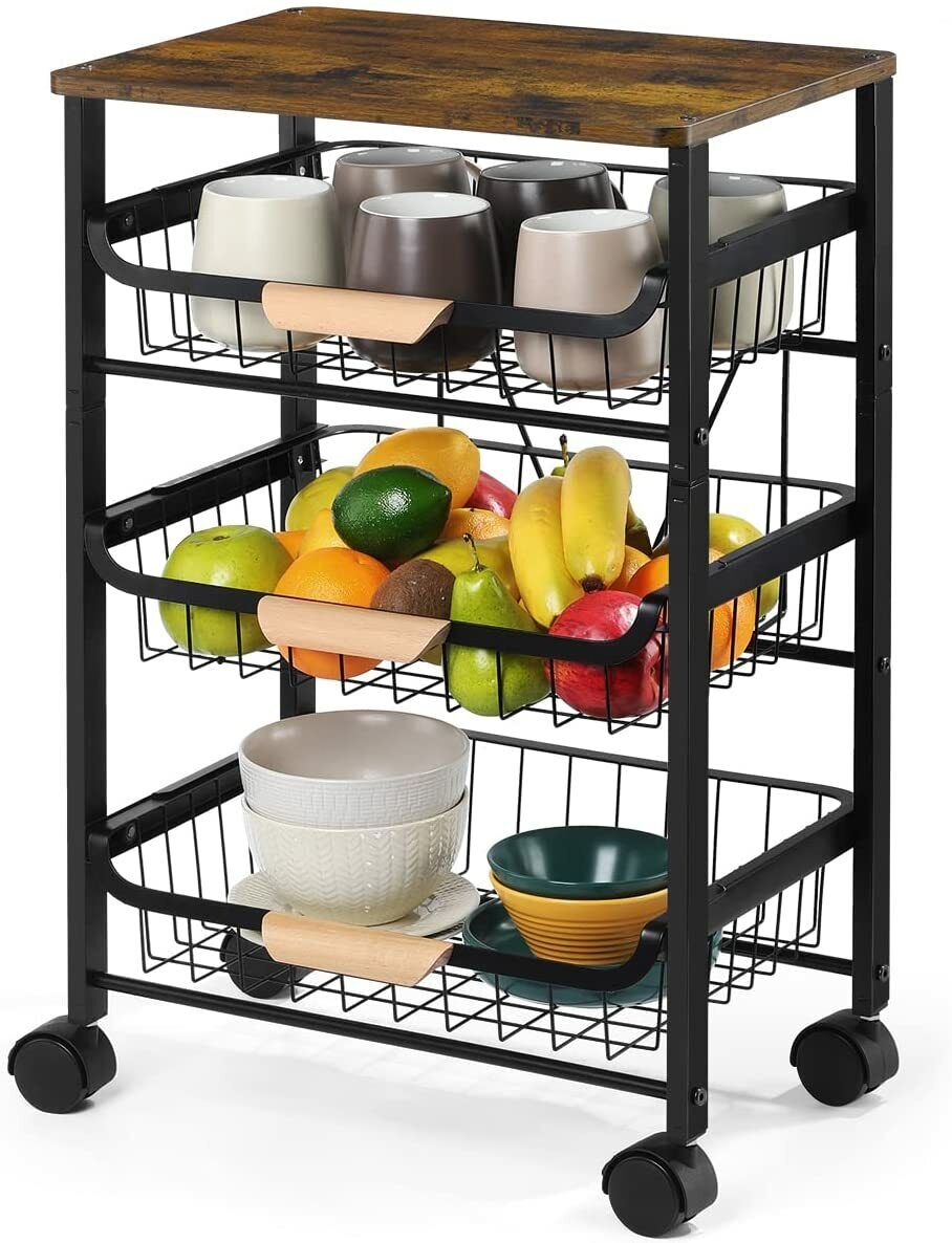 4-Tier Rustic Rolling Utility Storage Cart Mesh Kitchen Serving Cart w/ 3 Basket