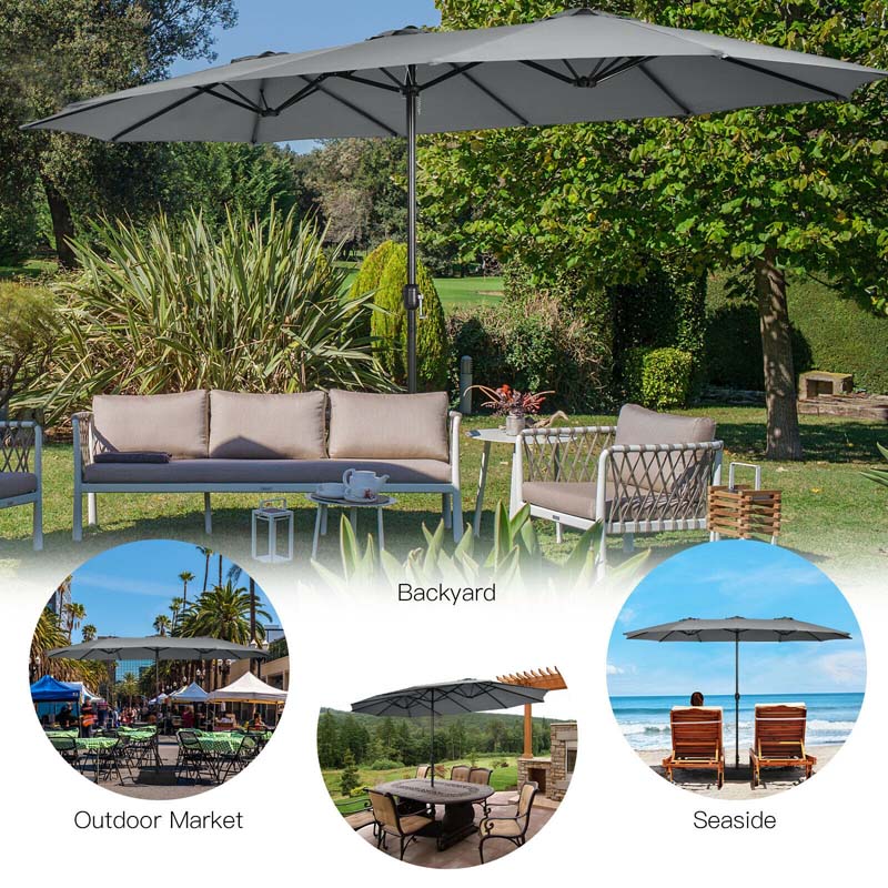 15FT Double-Sided Twin Patio Umbrella with Base & Crank System, Extra-Large Cantilever Market Umbrella