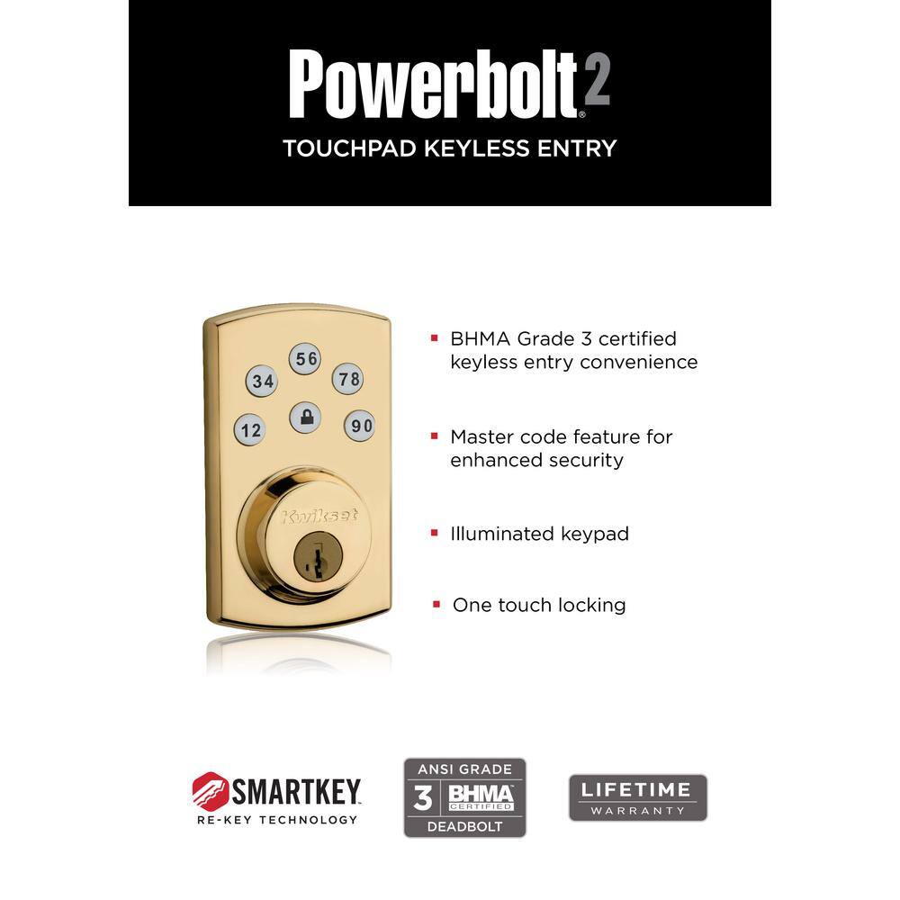 Kwikset Powerbolt2 Polished Brass Single Cylinder Keypad Electronic Deadbolt Featuring SmartKey Security 907 03 SMT CAL RCS CP