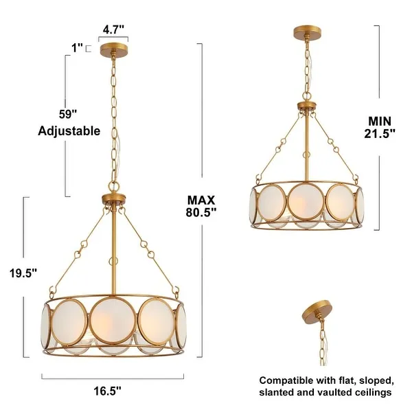 Modern 3-Light Antiqued Gold Drum Chandelier Glass Pendant Lights for Dining Room - 16.5