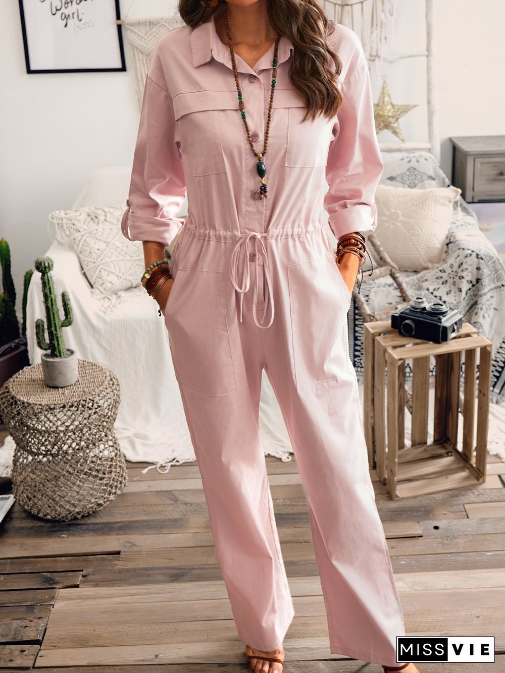 Pink Casual Linen Shift Shirt Collar Jumpsuit & Romper