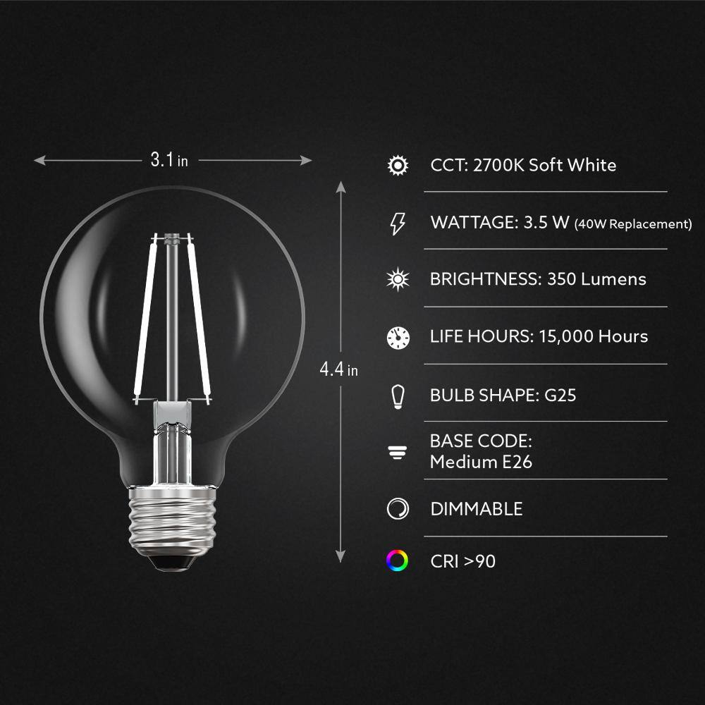 Feit Electric 40-Watt Equivalent G25 Dimmable White Filament CEC Clear Glass LED Globe Light Bulb Soft White 2700K (3-Pack) G2540927CAWFILHDRP3