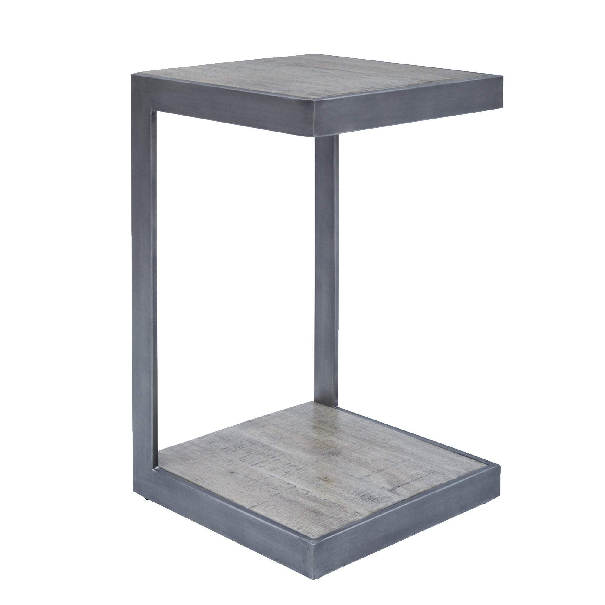 Metal Frame C Shape End Table with Wooden Top and Bottom， Antique Gray