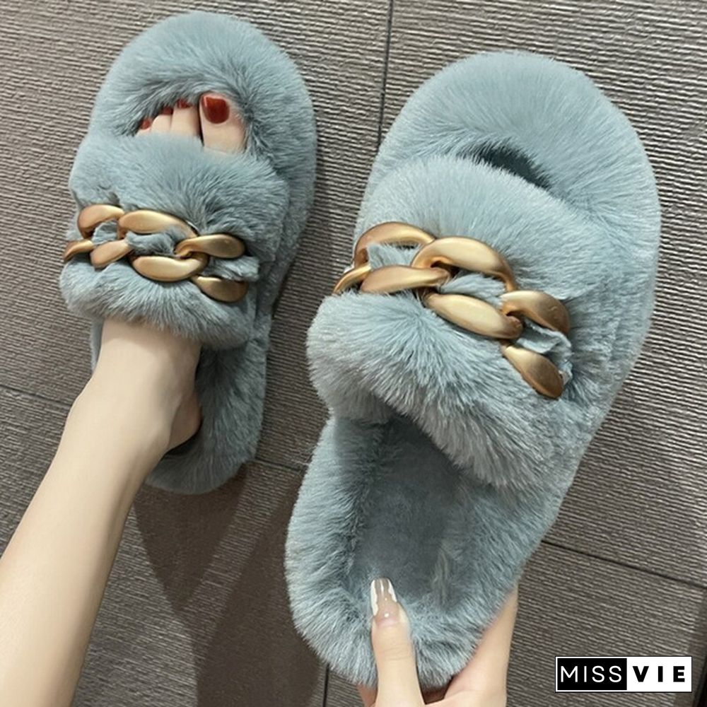 New Matte Gold Chain Decorate Female Fluffy Fur Slides Plush Warm Slippers Luxury Slippers Slip-On Thick Bottom Women