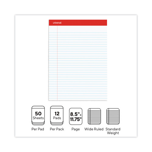 Universal Perforated Writing Pads， Wide/Legal Rule， 8.5 x 11.75， White， 50 Sheets， Dozen (20630)