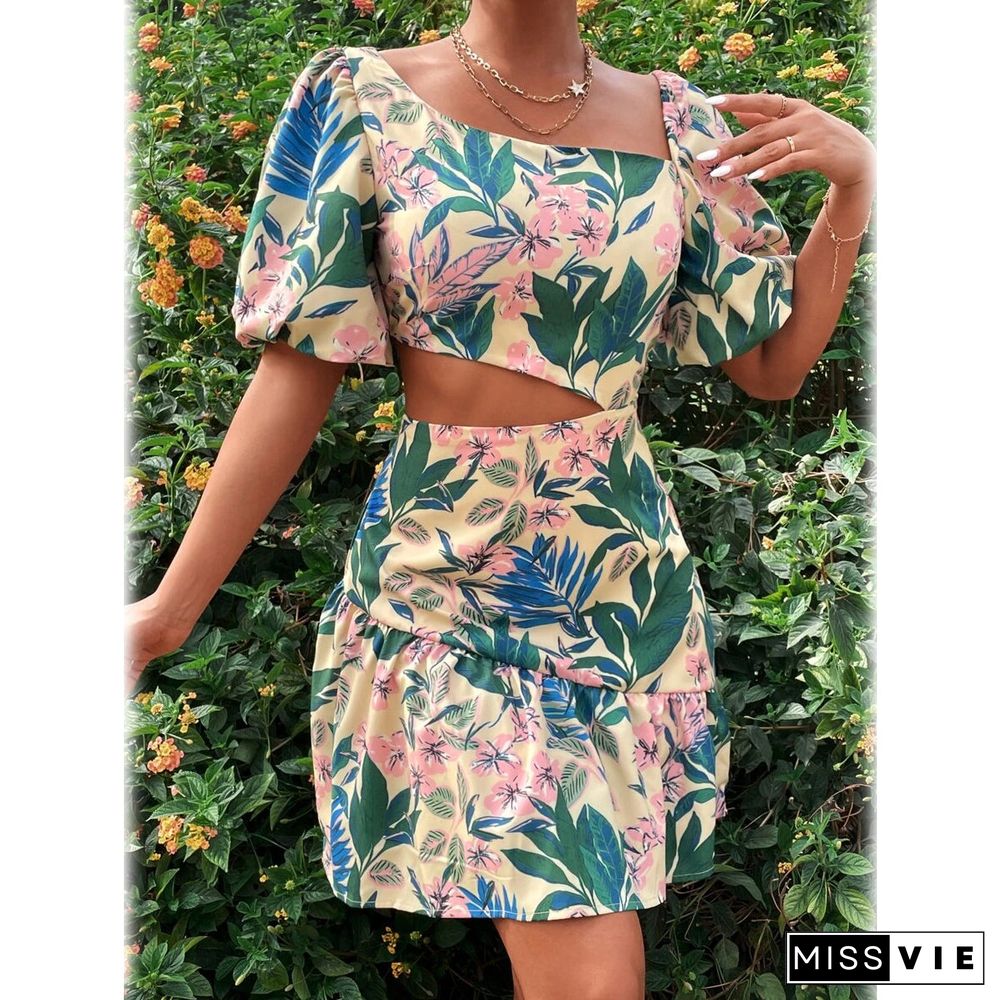 Floral Print Lantern Sleeve Cut Out Asymmetrical Neck Ruffle Hem Dress