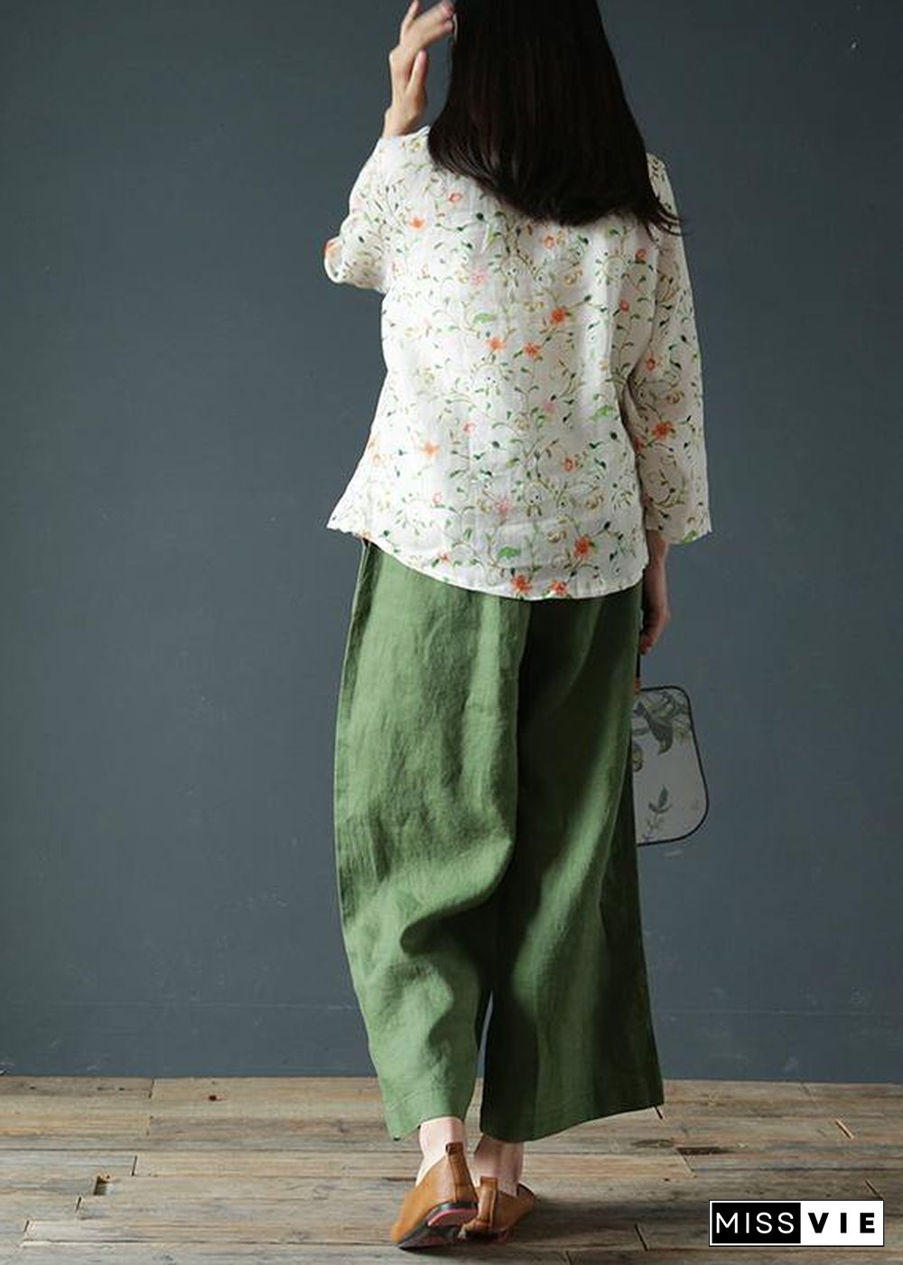 Original design cotton and linen pants retro elastic waist wide-leg pants