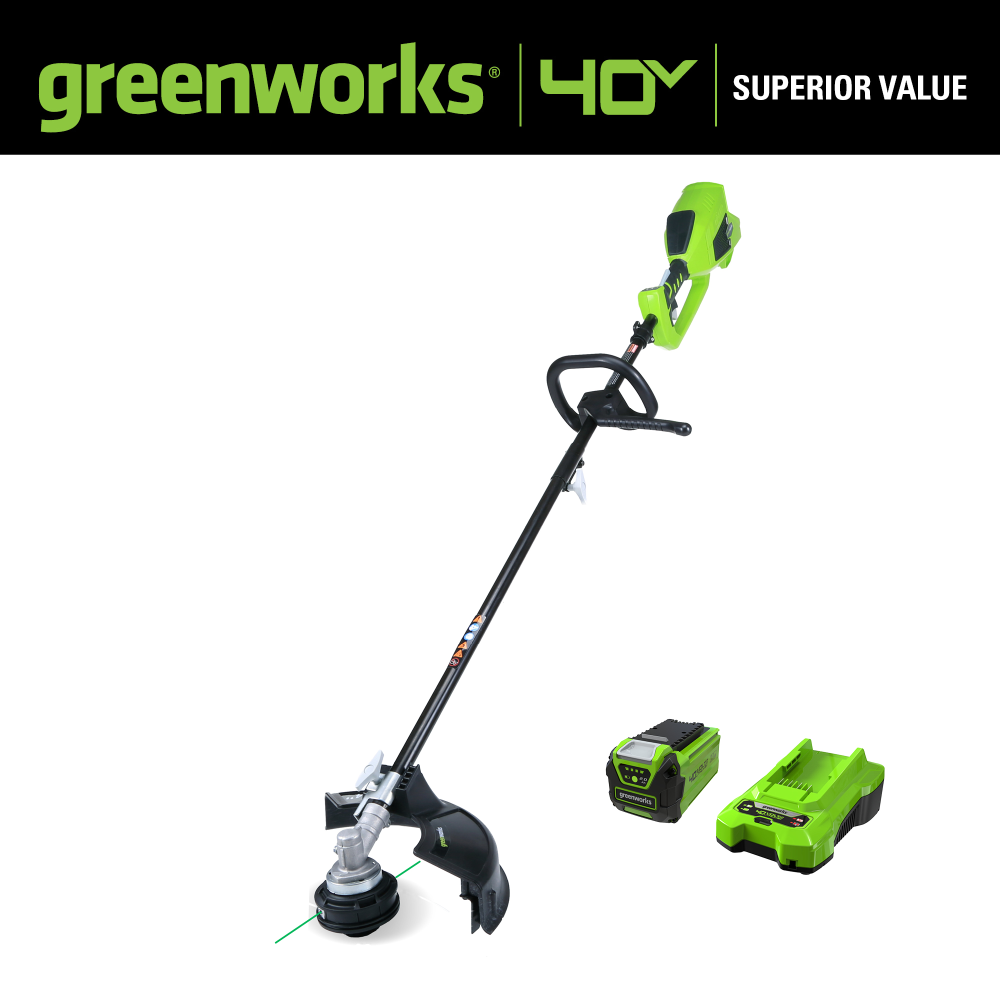 Greenworks 40 Volt 14 inch Attachment Capable String Trimmer with 2.0 Ah Battery and Charger， 2100702