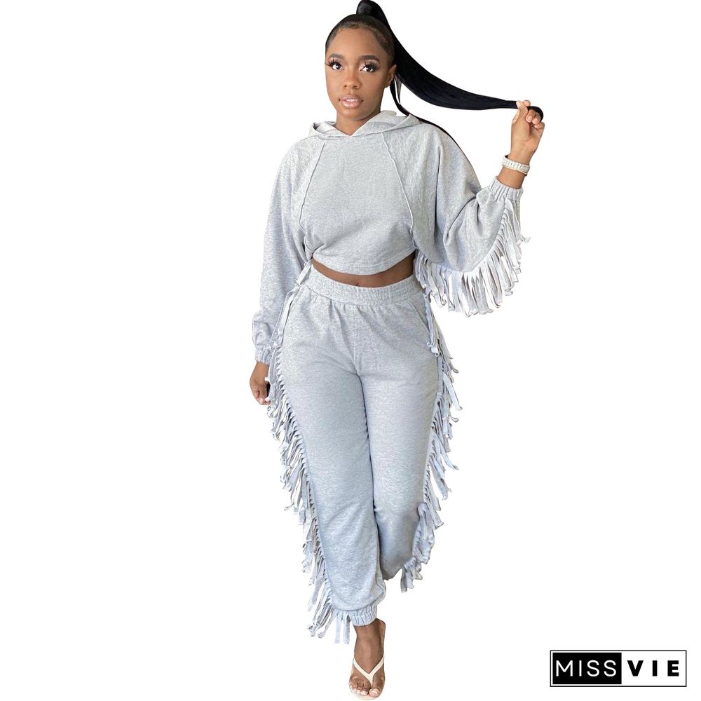 Solid Tassel Hooded Crop Top Sweatpants Set