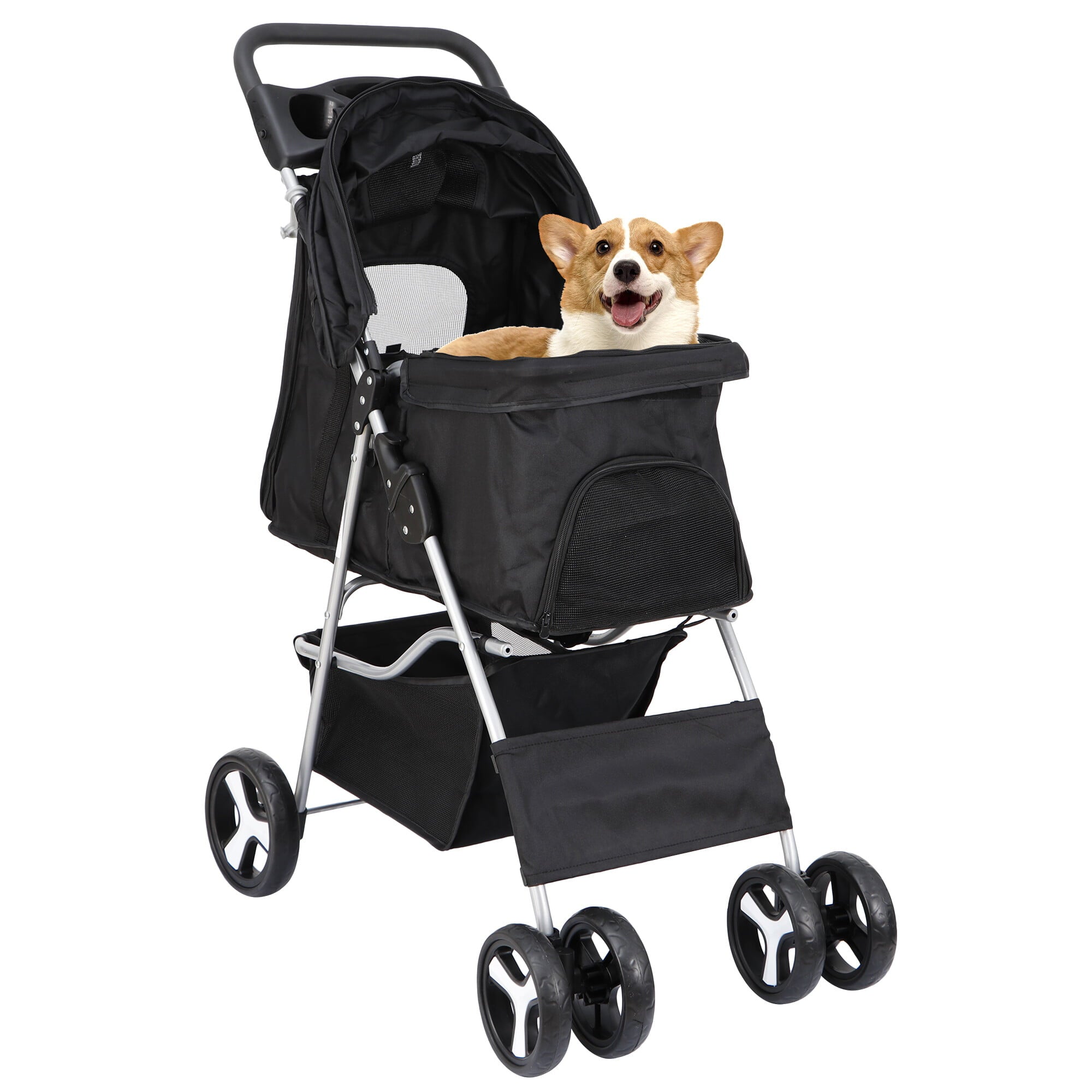 HomGarden 4 Wheel Pet Dog Stroller Foldable Carrier Strolling Cart for Small Medium Dog， Cat W/ Storage Basket and Cup Holder