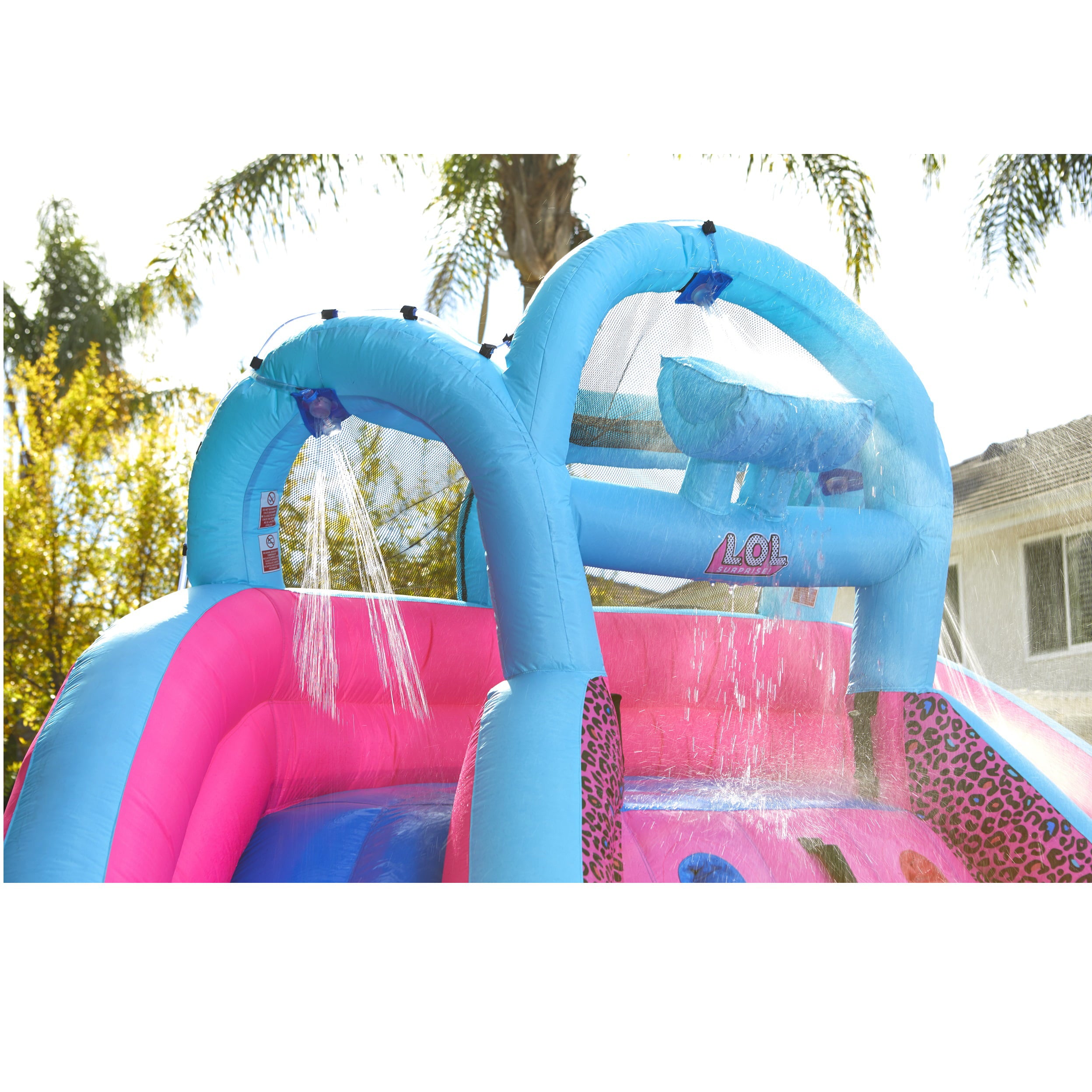 LOL Surprise River Race Inflatable Water Park With 2 Slides, Climbing Wall and Blower, Outdoor Summer Backyard Playground Toy, Fits up to 4 Kids- for Kids Families Boys Girls Ages 4 5 6+, Pink