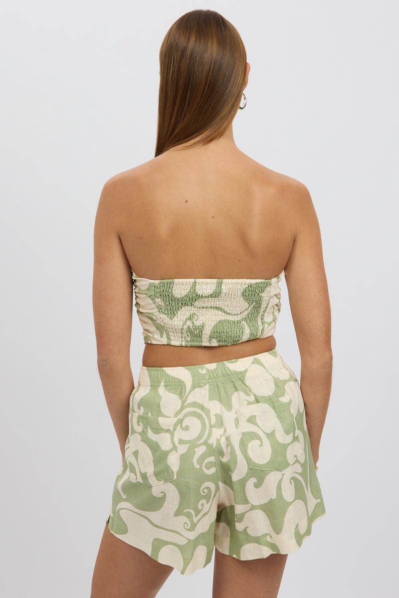 Green Abstract Crop Top Strapless Scarf Linen Blend