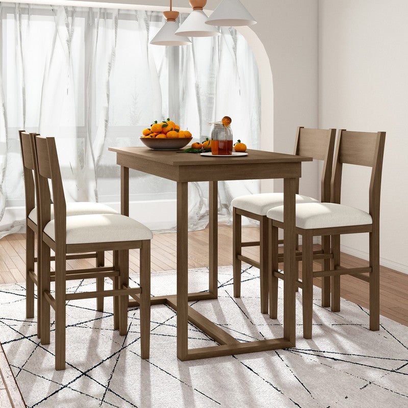 5-piece farmhouse wooden lunch box with 4 dining chairs and rubber wood legs， dining room furniture (beige + brown)