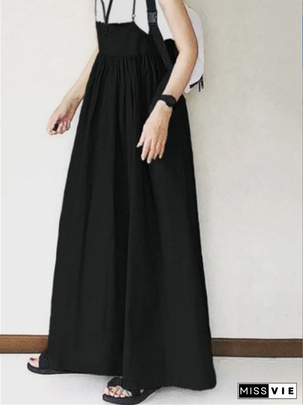 Long Skirt Spring Summer High Waist Skirt Solid Color Pleated Sling Long Skirt