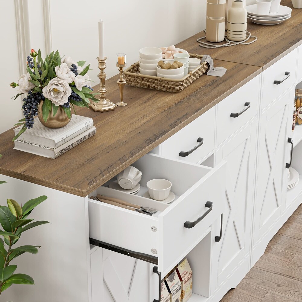 Modern Farmhouse Buffet Storage Cabinet  Barn Doors Wood Sideboard with Drawers and Shelves For Coffee Bar  Kitchen  Dining Room