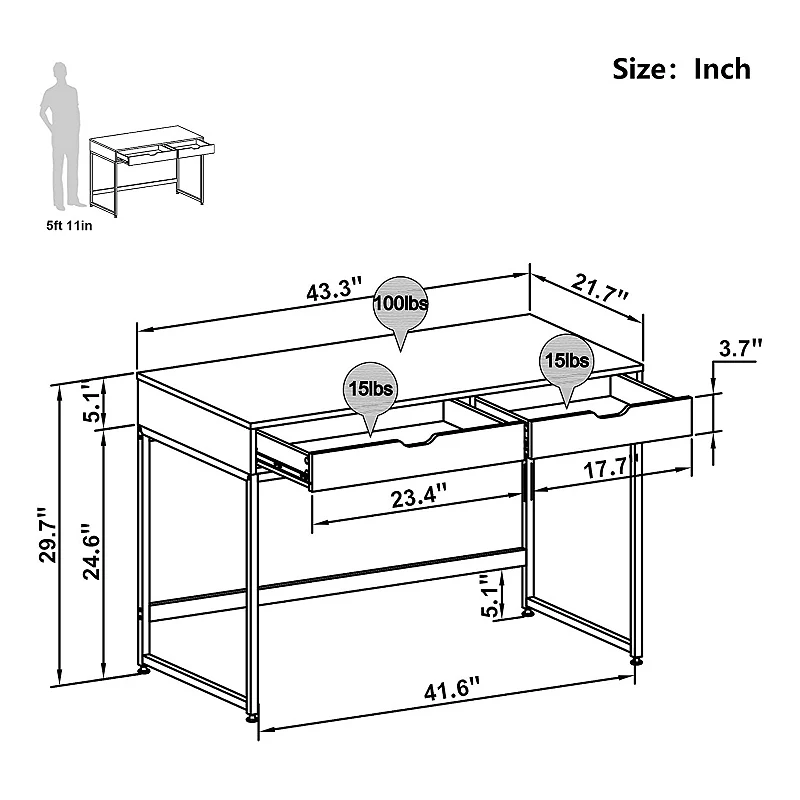 Bestier Office Writing Computer Workstation Desk w/ 2 Drawers， 43.3 Inches， Oak