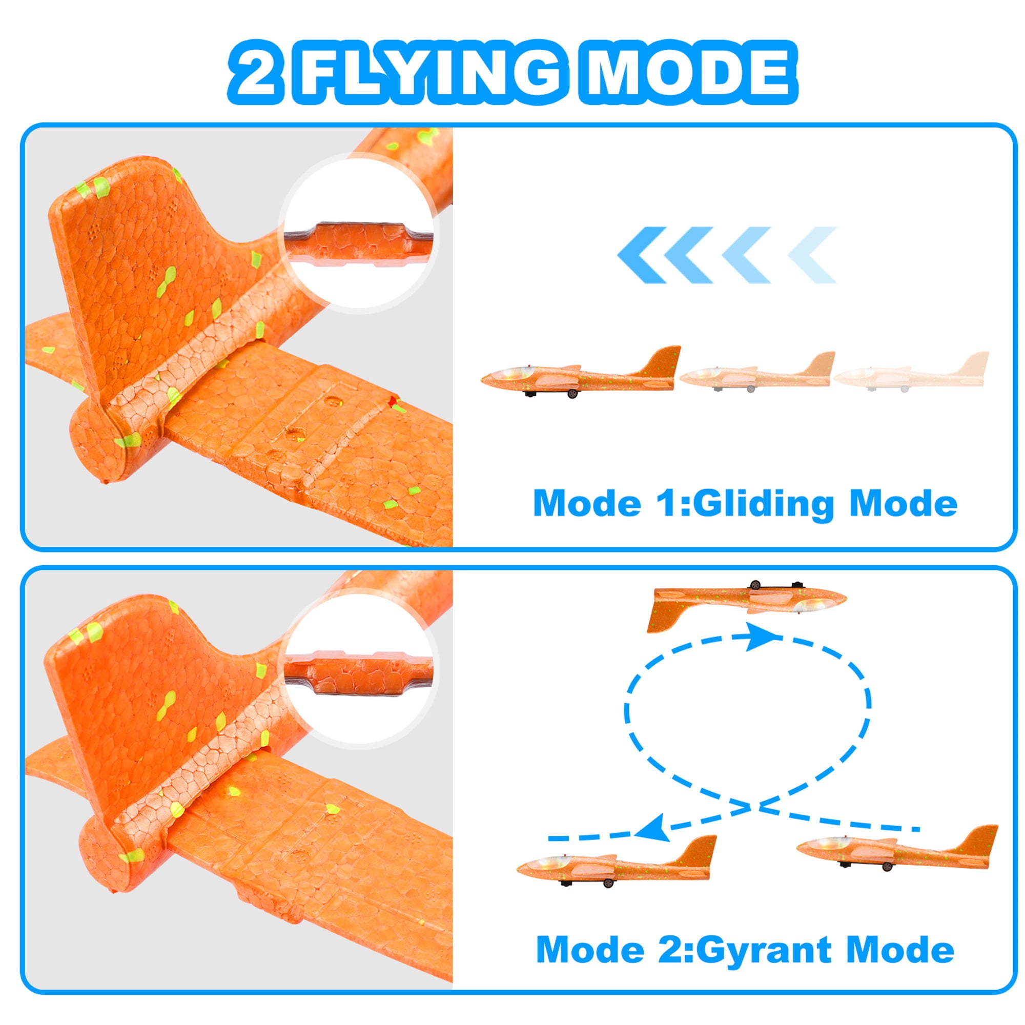 Growsly 3 Pack Airplane Launcher Toys， 12.6 Inch Foam Glider LED Airplane， 2 Flight Modes Catapult Airplane Boy Toys Kids Outdoor Flying Toys Gifts 4-12 Years Old Kids， Green， Orange， Blue