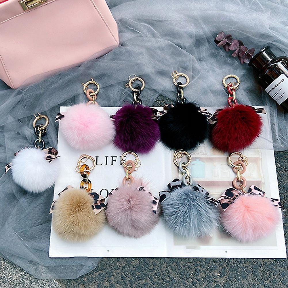 Stylish Soft Plush Key Ring Leopard Pattern Bowknot Keychain Car Ornament Pendant Accessory For Ladies Girls Women Champagne