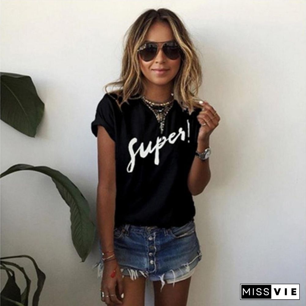 Women Casual O Neck Letter Print T Shirt Summer Plus Size Tops