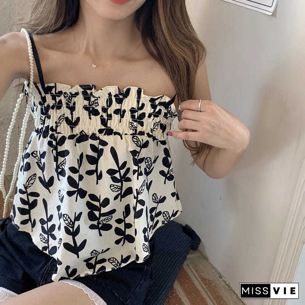 Camisole Womens Summer Sexy Lovely All Match Chic Ulzzang Lady Vintage Soft Print Trendy Elegant Daily Leisure Clothing Fit Tops