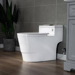 WOODBRIDGE Conserver 1-Piece 1.28 GPF High Efficiency Dual Flush Elongated All-in-One Toilet in White with Seat Included HB0735MB