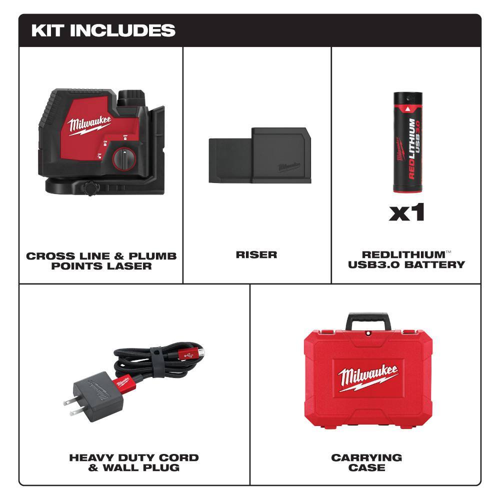 MW Green 100 ft. Cross Line and Plumb Points Rechargeable Laser Level with REDLITHIUM Lithium-Ion USB Battery and Target 3522-21-48-35-1111