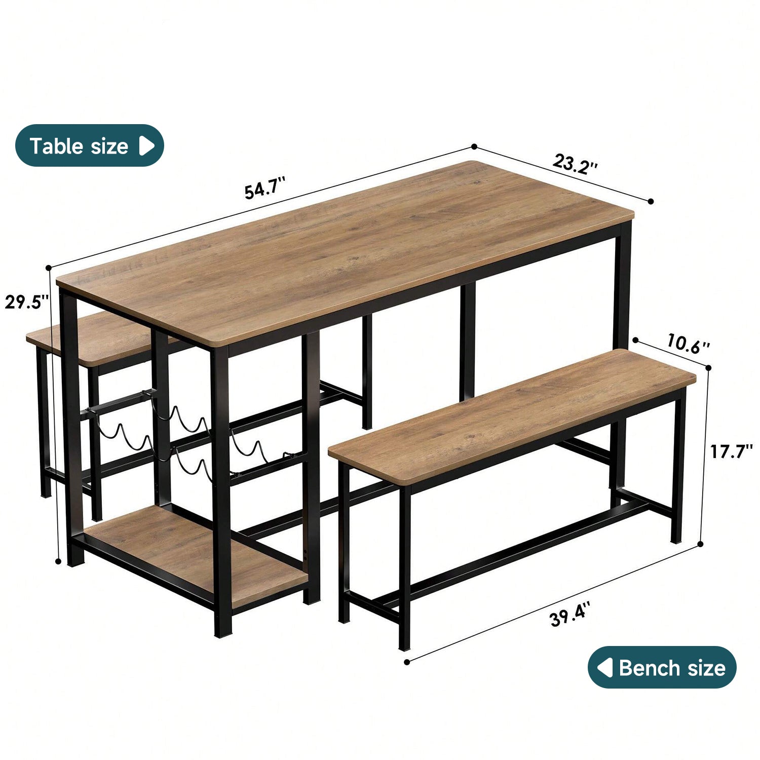 55 inch Kitchen Dining Table Set with 2 Benches, Storage Shelf, Wine Glass Rack