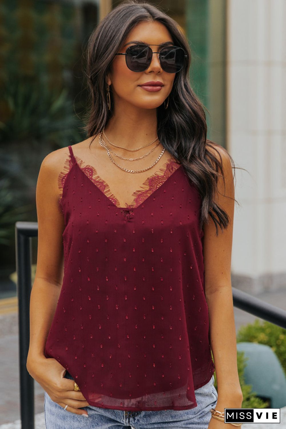 Red Eyelash Lace Trim Textured Cami Top