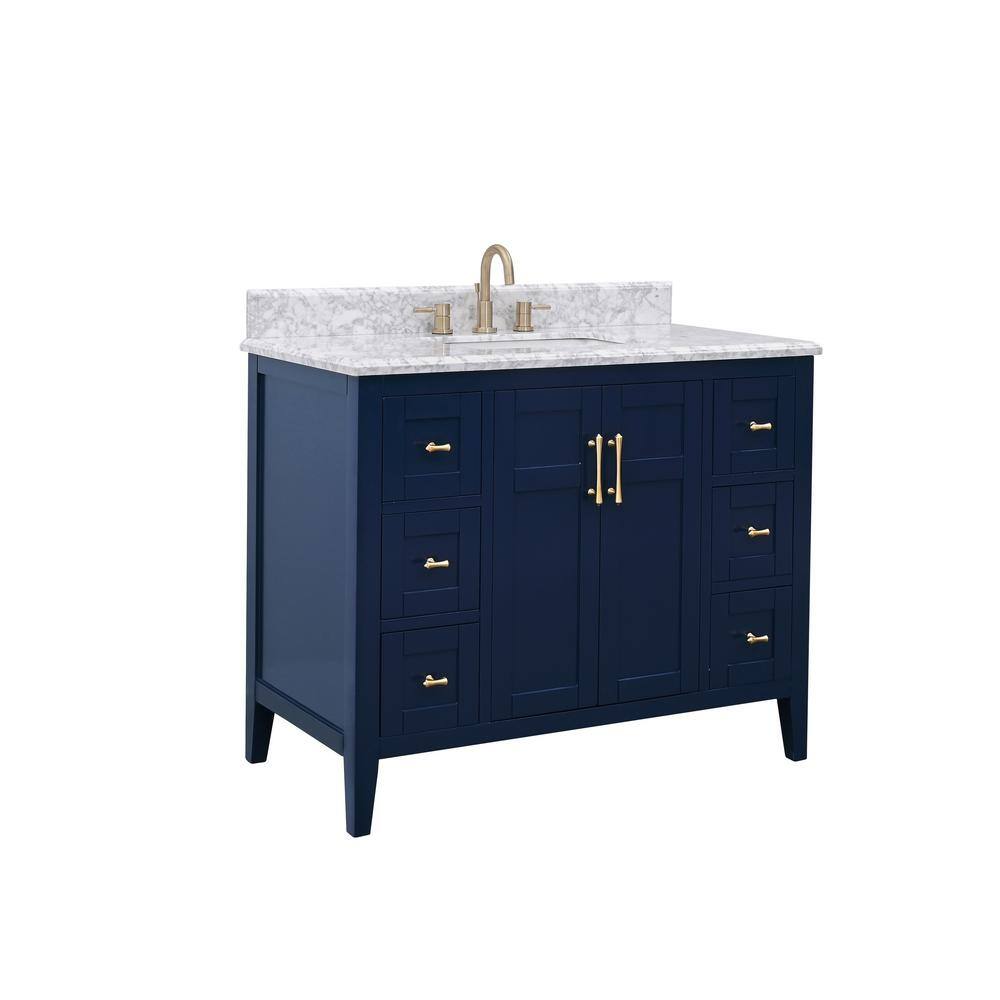 Home Decorators Collection Sturgess 43 in. W x 22 in. D x 35 in. H Bathroom Vanity in Navy Blue with Carrara White Marble Top 19111-VS43-NB