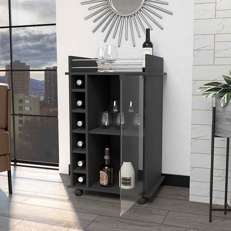 Vegas Bar Cart， Two Tier Cabinet With Glass Door， Six Cubbies For Liquor