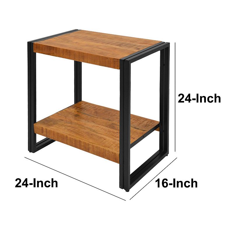 24 Inch Wooden Farmhouse Side Table with Open Compartment， Brown and Black