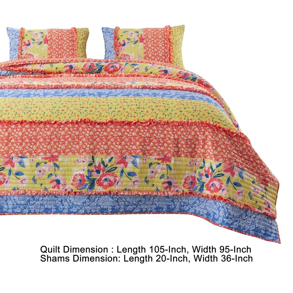 Lio 3 Piece Microfiber King Quilt Set  Bohemian Floral Pattern  Multicolor