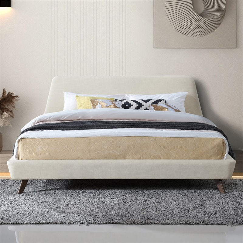 Omax Decor Henry Wood and Fabric Upholstered King Platform Bed in Beige