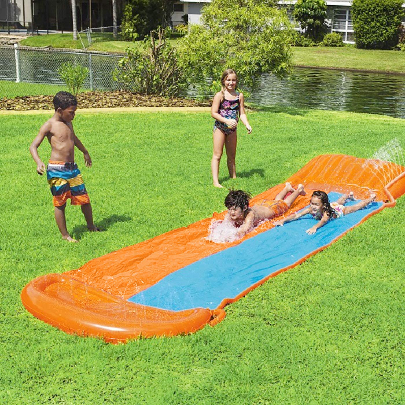 Terra Unique Inflatable Slide Blow Up Water Toys for Outdoors, Water Slip Racing Lanes Splash Pool for Kids and Adults