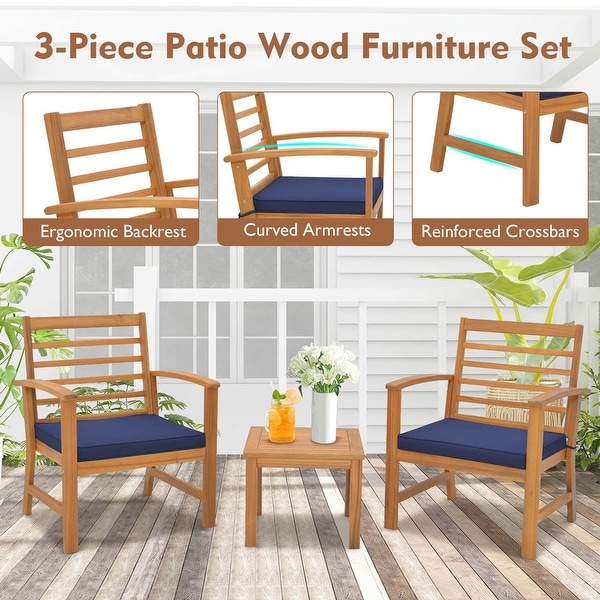 3 PCS Outdoor Furniture Set Acacia Wood Conversation Set with Cushions