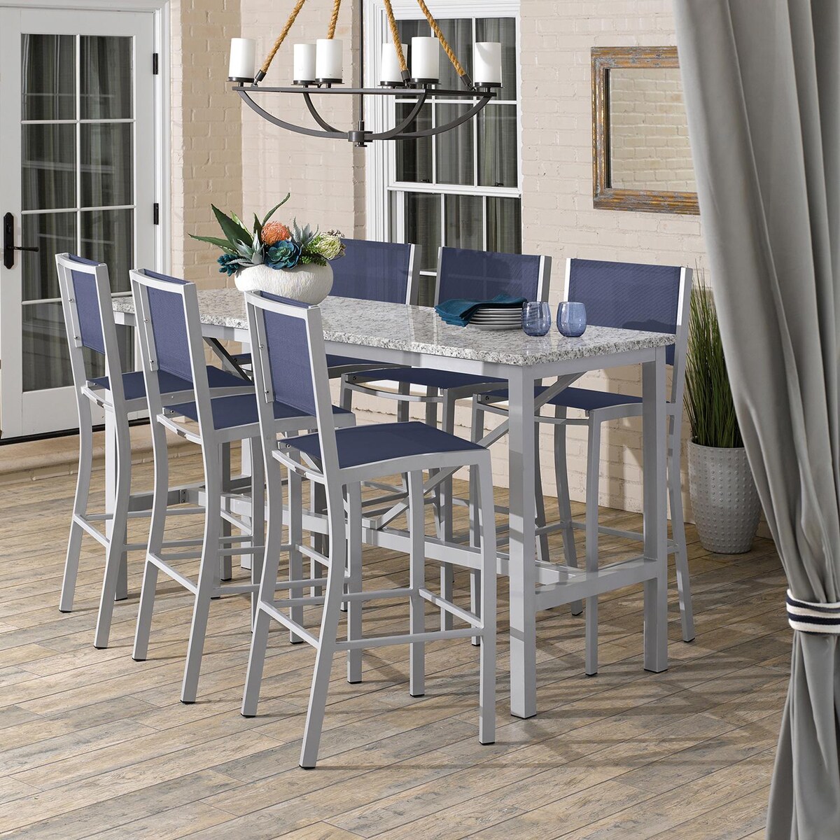 Travira Composite Sling and Aluminum Bar Stool in Flint/Ink Pen By Oxford Garden