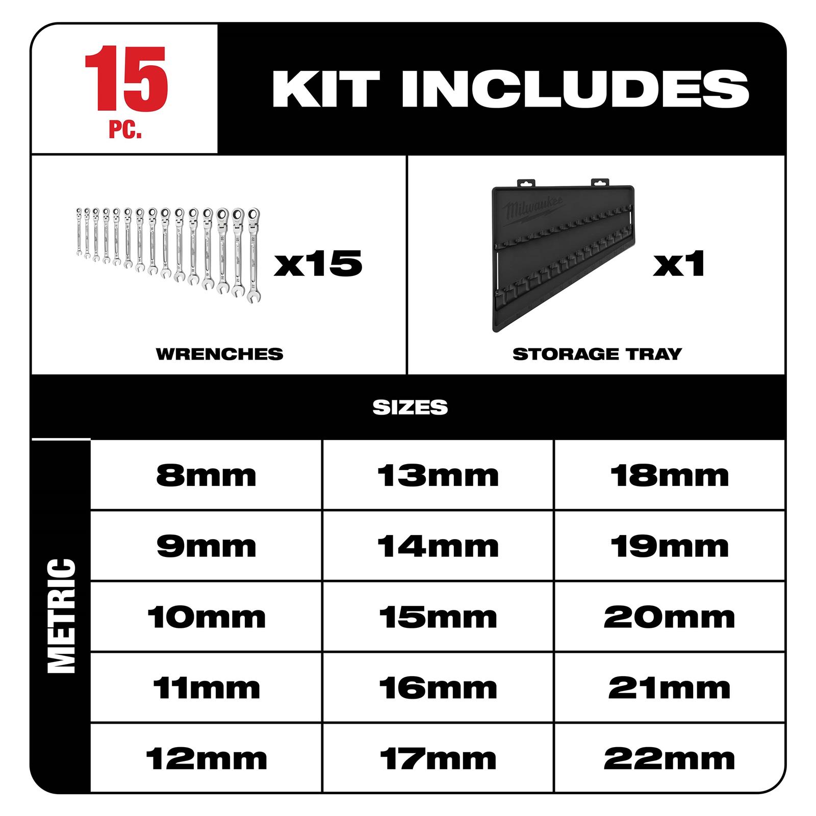 Milwaukee Tool 48-22-9513 Milwaukee 15-Piece Flex Head Ratcheting Combination Wrenches