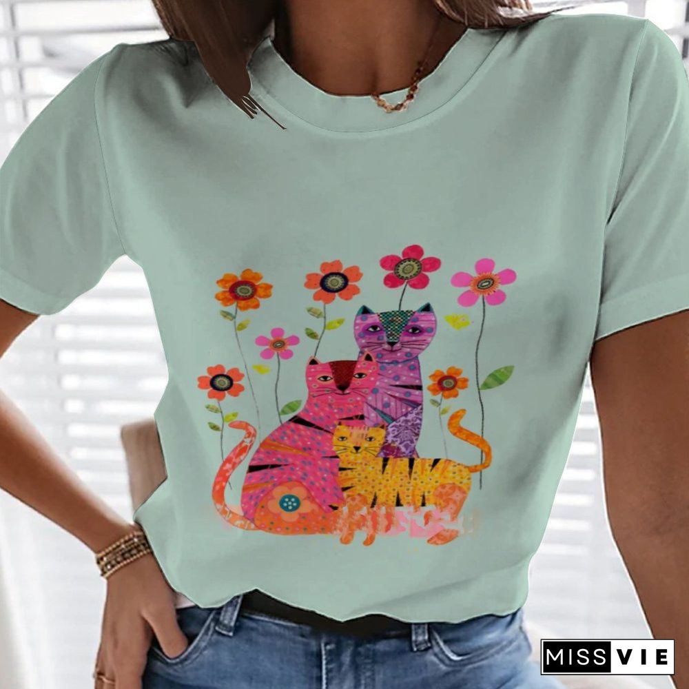 Summer 3D Cute Cat T-shirt Women's Round Neck Street Style Harajuku Loose And Comfortable Fashion Shirt