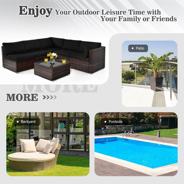 Tangkula 6pcs Wicker Patio Sectional Conversation Furniture Set With Coffee Table amp Seat Cushions Black