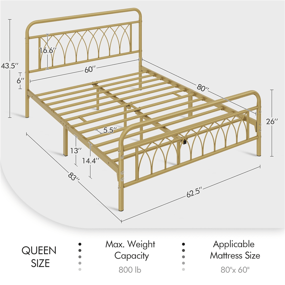 Easyfashion Metal Platform Bed Frame Antique Gold, Queen